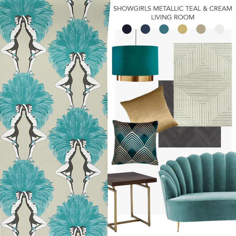 Showgirls tapet metallic teal/blågrønn og cream